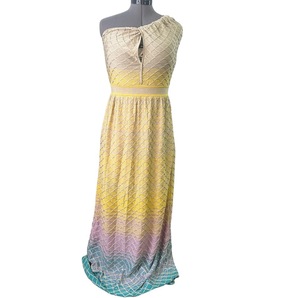 M by Missoni One-Shoulder Ombre Maxi Dress Knit Lurex Net pattern size 8 EUC